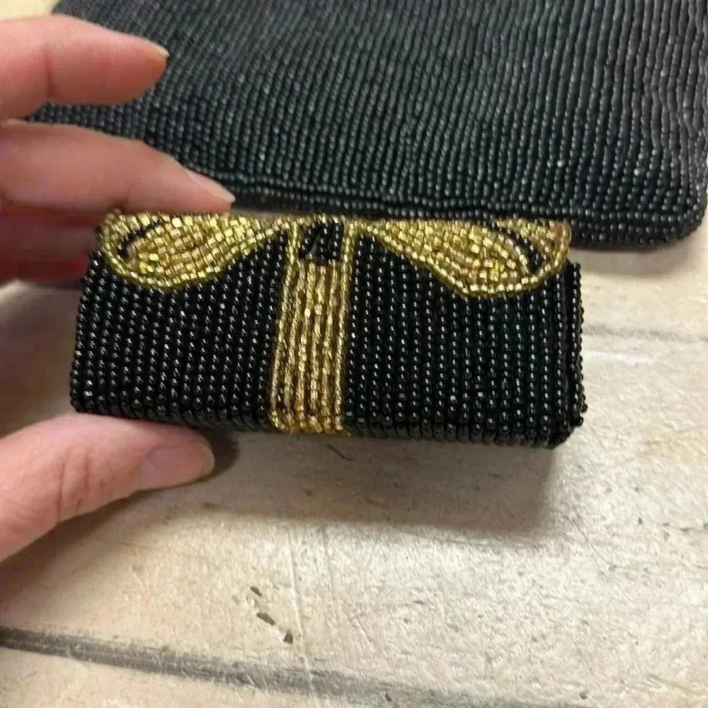 Beaded black and gold bag with matching lipstick case - Picture 5 of 7